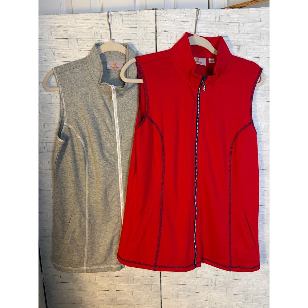 Quacker‎ factory 2 women's sweatshirt sleeveless red gray pockets rhinestone zip
